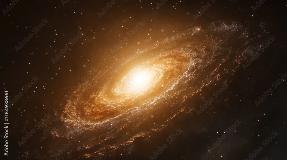 A stunning spiral galaxy glowing with vibrant orange and yellow hues against a backdrop of distant stars. A stunning spiral galaxy glowing with vibrant orange and yellow hues against a backdrop of distant stars.