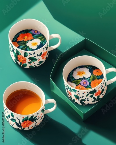 Three colorful cups with floral patterns, showcasing serene tea and vibrant colors on a teal backdrop. photo