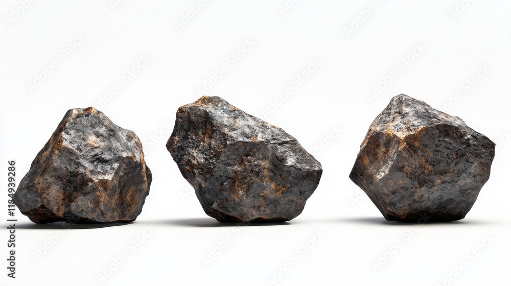 Three rugged, natural rocks with a textured surface and earthy colors, arranged creatively on a light background. Three rugged, natural rocks with a textured surface and earthy colors, arranged creatively on a light background.