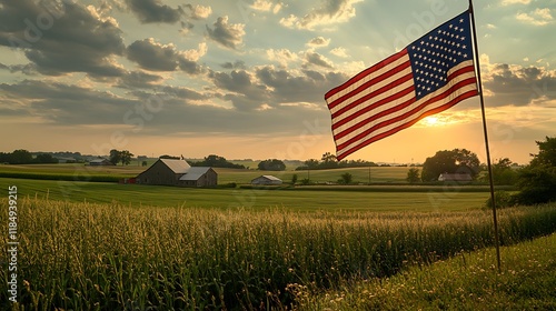 American flag rippling in the wind with a serene rural farm in the distance