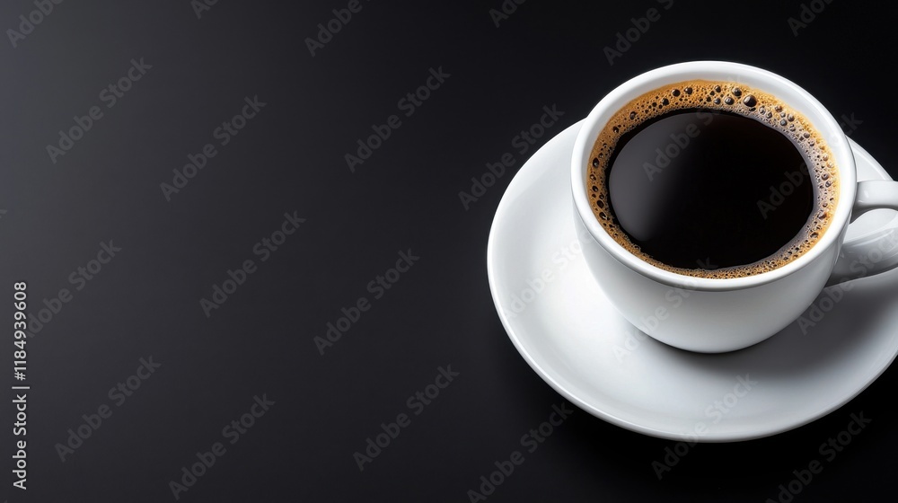 A cup of coffee on a saucer on a black background A cup of coffee on a saucer on a black background