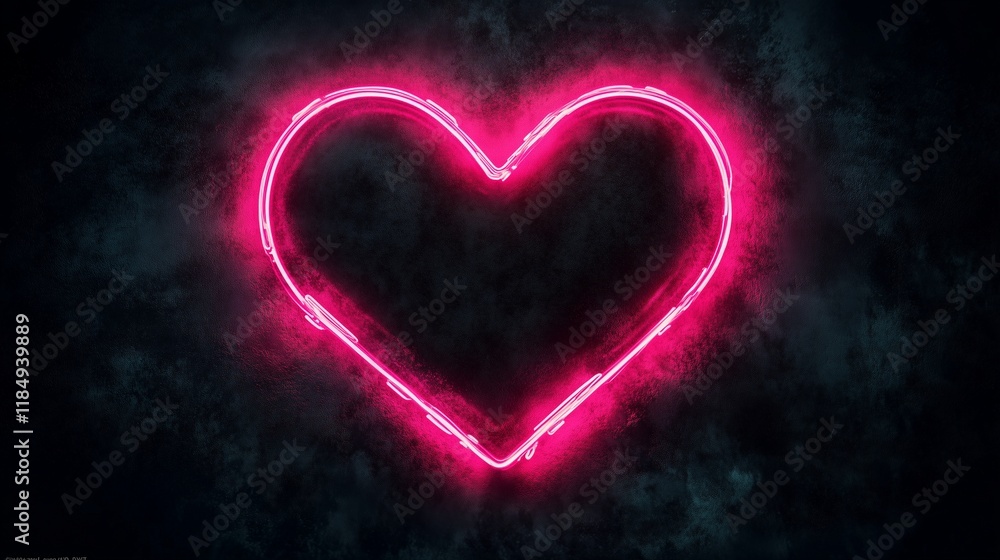 Neon Pink Heart Illuminated on a Deep Black Background, Night Love Concept Neon Pink Heart Illuminated on a Deep Black Background, Night Love Concept
