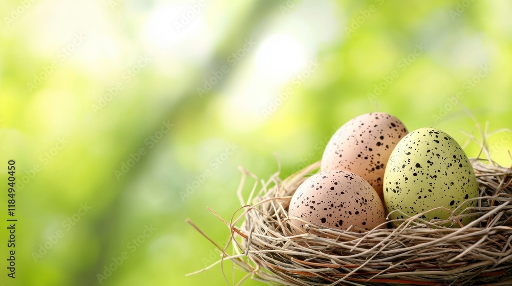Obraz premium Three speckled eggs in a nest on a green background