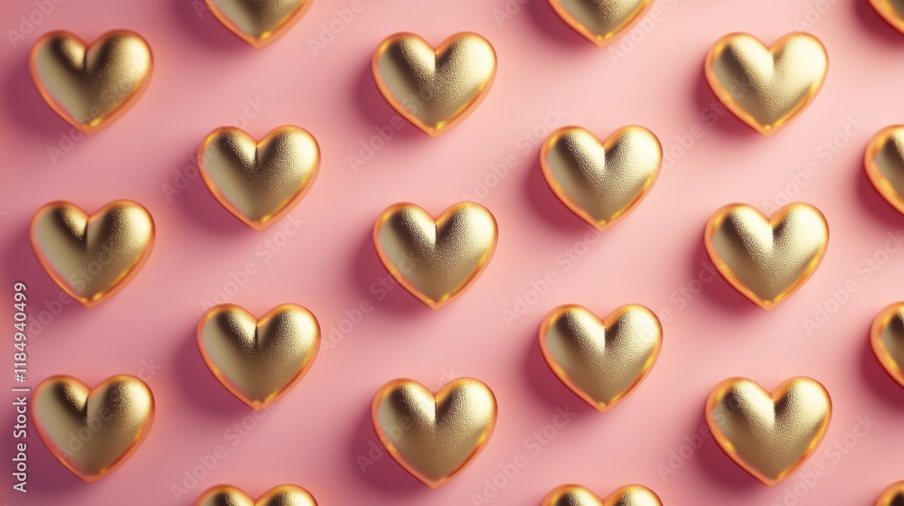 Obraz premium Gold textured hearts on pastel pink background, seamless romantic pattern
