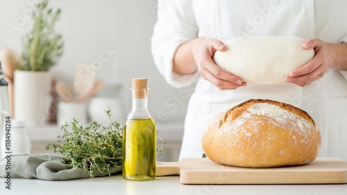 Artisan bread baking with olive oil and fresh herbs in a rustic kitchen setting photo