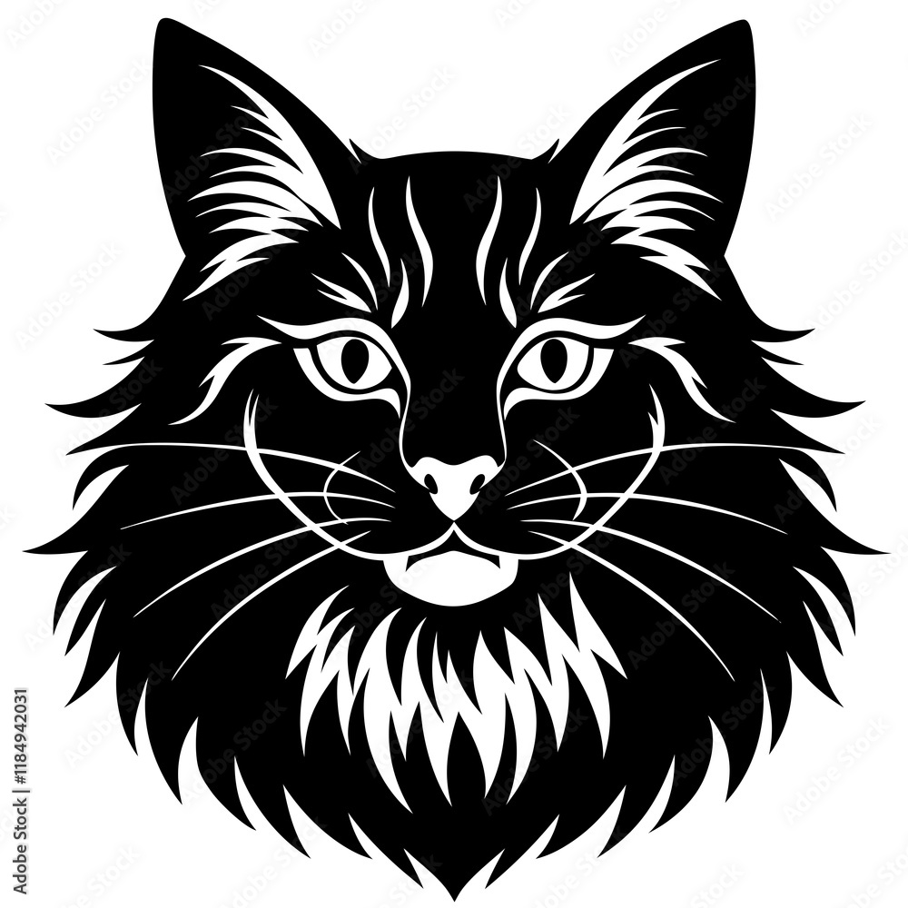 maine coon cat head black silhouette vector with white background, head silhouette, Pet animal silhouette