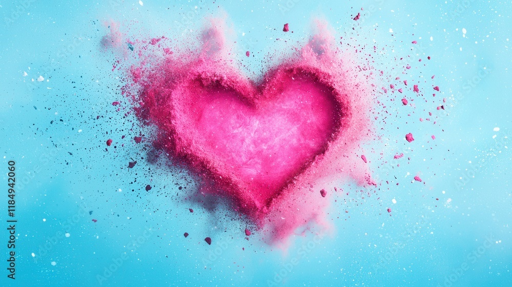 A pink heart made out of powder on a blue background A pink heart made out of powder on a blue background