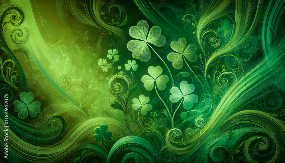 St. Patrick's Day-themed background, featuring ethereal clover plants with swirling, mystical patterns and a vibrant, spiritual atmosphere St. Patrick's Day-themed background, featuring ethereal clover plants with swirling, mystical patterns and a vibrant, spiritual atmosphere