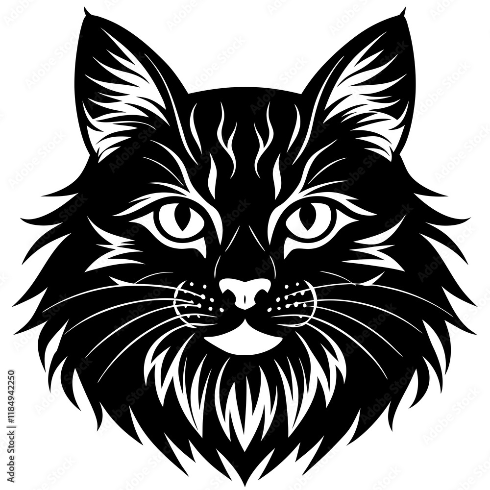 maine coon cat head black silhouette vector with white background, head silhouette, Pet animal silhouette maine coon cat head black silhouette vector with white background, head silhouette, Pet animal silhouette