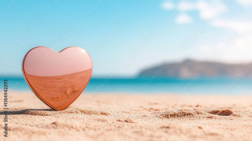 A heart shaped mirror sitting on a sandy beach next to the ocean A heart shaped mirror sitting on a sandy beach next to the ocean