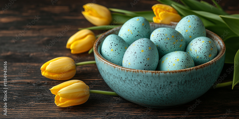 Naklejka premium Jajka w porcelanowej misce i tulipany - Kartka na Wielkanoc