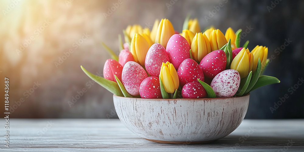 Fototapeta premium Tulipany w porcelanowej misce - Kartka na Wielkanoc