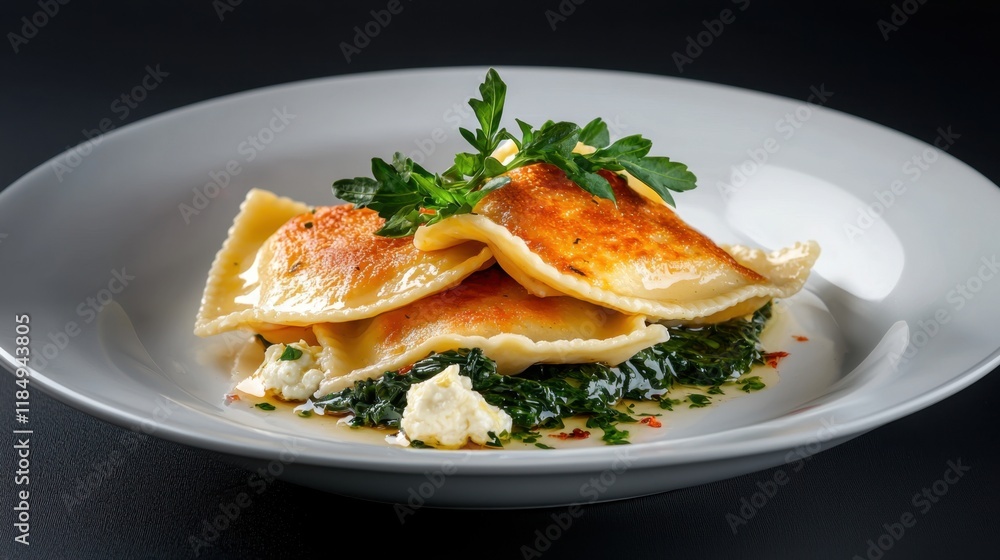 A plate of food with a green herb on top A plate of food with a green herb on top