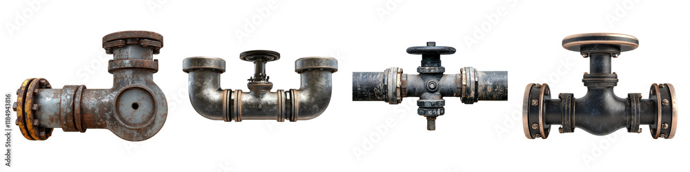 Pipe with half open valve isolated on transparent background, Set of