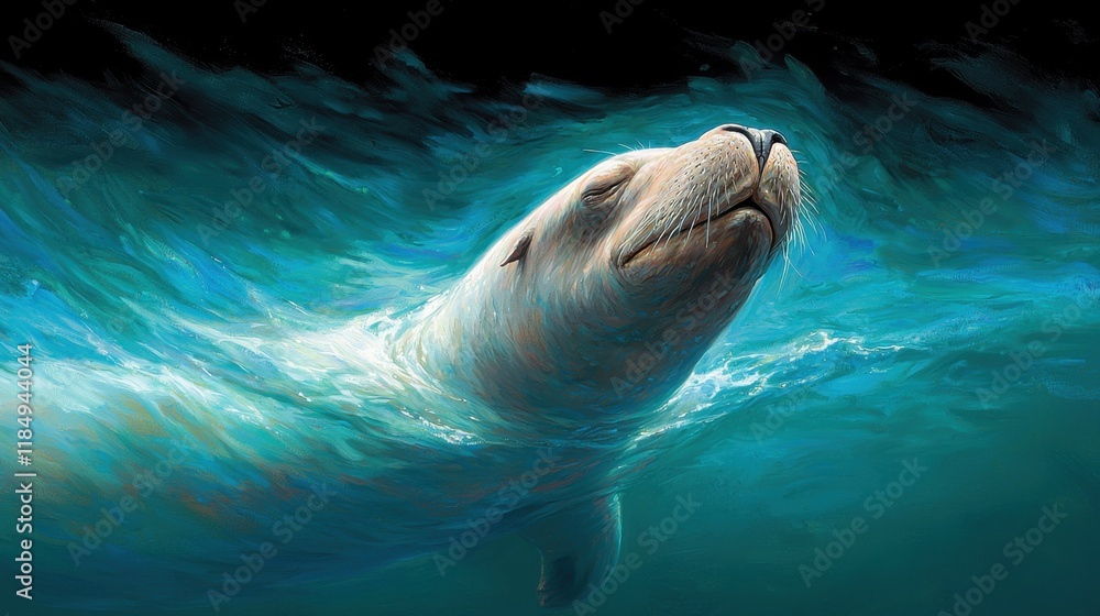 Fototapeta premium A painting of a seal swimming in the ocean