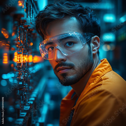 Factory technician working with advanced machinery, ensuring that everything is calibrated correctly under clear lighting. bright lighting, contrast photo