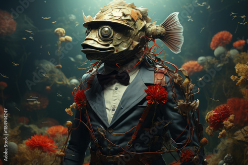 a fantastic creature with the head of a fish, dressed in an elegant suit with a bow tie.  photo