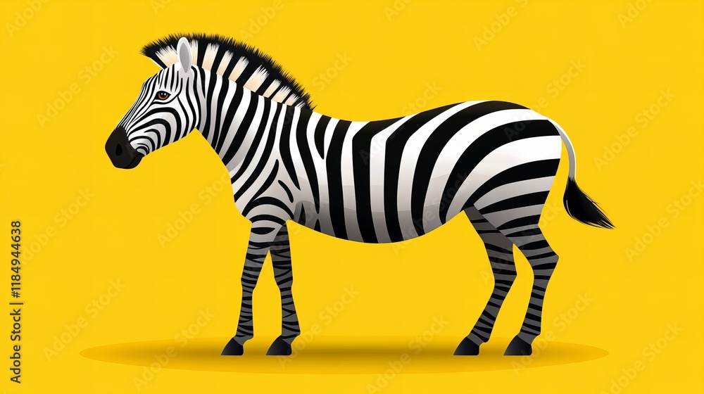 Fototapeta premium Striking zebra in profile against a vibrant yellow background. Bold black and white stripes contrast beautifully.