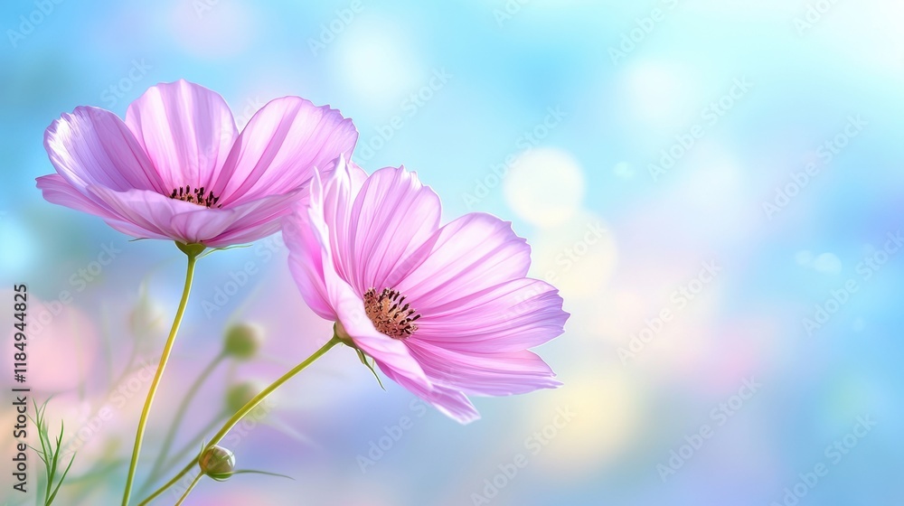 A couple of pink flowers sitting on top of a lush green field