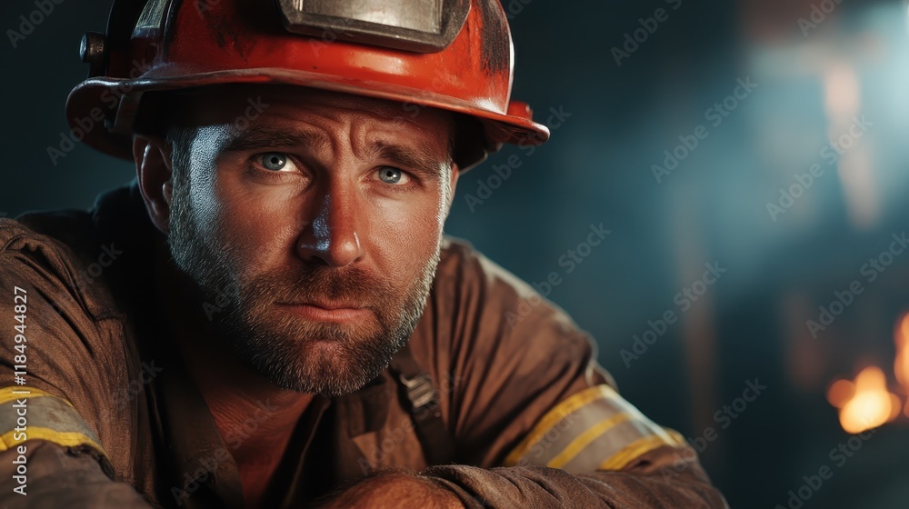 Fototapeta premium A close-up of a firefighter with intense blue eyes, showcasing determination and resilience, depicting the bravery of those who protect us in dangerous situations.