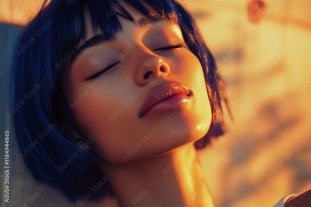 Fototapeta premium Short coiffure - blue hair. Pretty calm mixed-race girl - for ads, ad page and internet marketing use. Commercial digital ads idea. Elegant model concepts. Colored hair ads. Creative concept.
