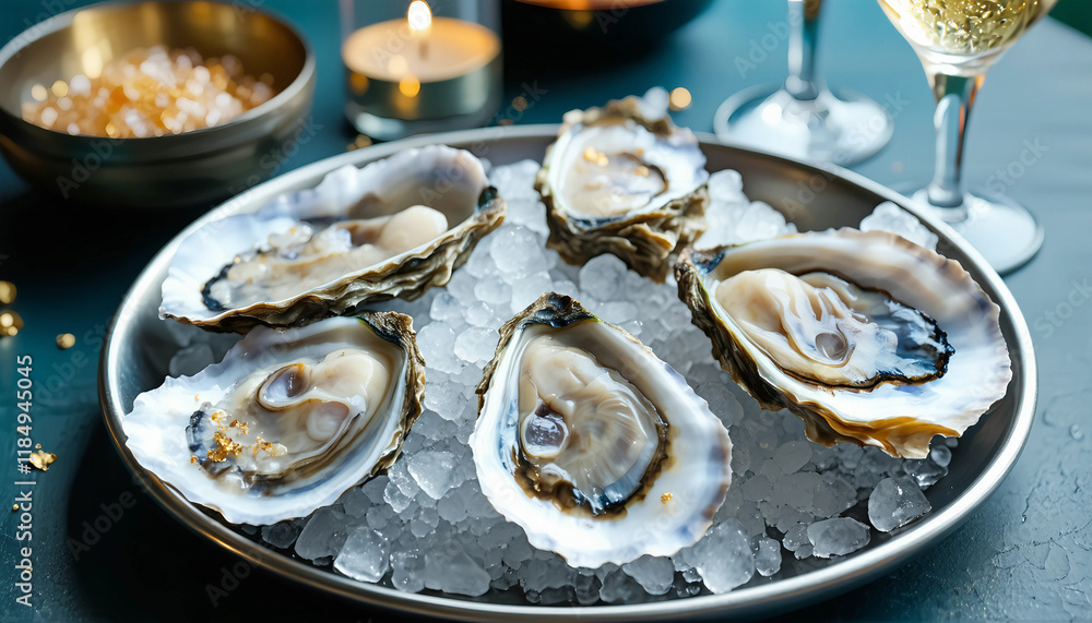 Freshly shucked oysters served on a bed of crushed ice with a touch of gold leaf, accompanied by a s Freshly shucked oysters served on a bed of crushed ice with a touch of gold leaf, accompanied by a s