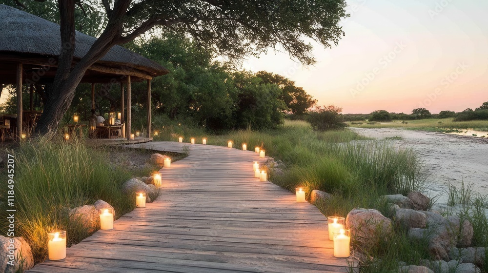 A wooden walkway with lit candles on the side of a river A wooden walkway with lit candles on the side of a river