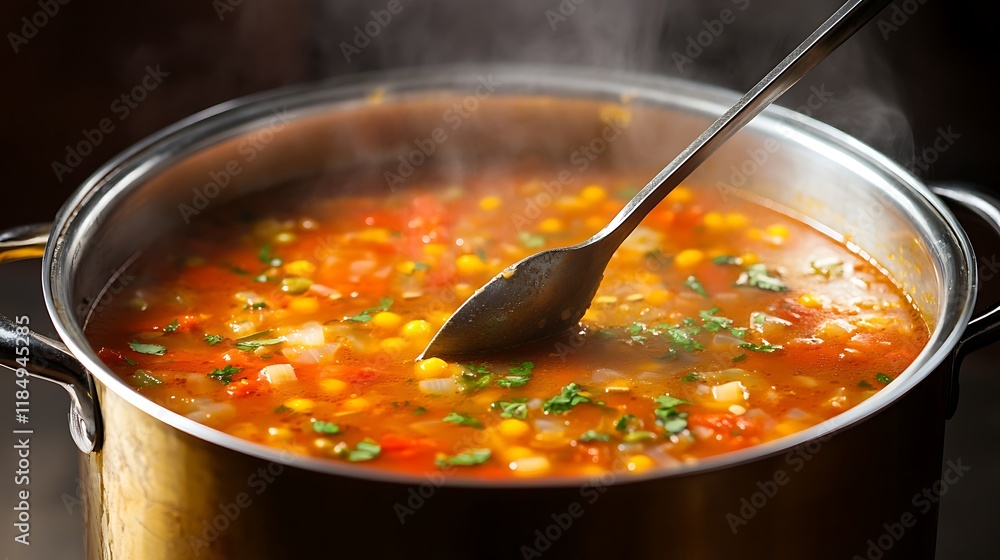 Ladle dipping into a bubbling pot of soup with steam rising in a warm kitchen Ladle dipping into a bubbling pot of soup with steam rising in a warm kitchen