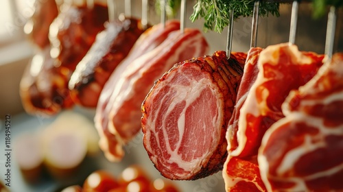 An artistic display of various hanging cured meats in a butcher shop, showcasing their textures, colors, and the craft of traditional meat preservation. photo