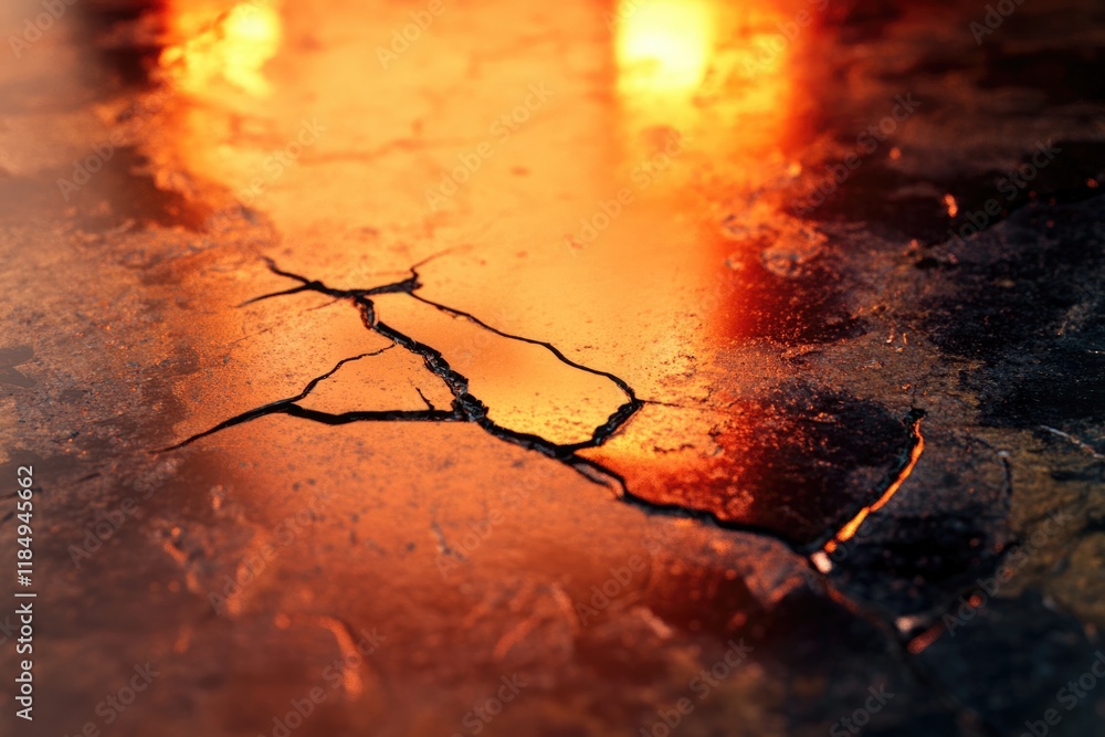 Cracked surface reflects fiery orange light, creating an abstract texture. Cracked surface reflects fiery orange light, creating an abstract texture.