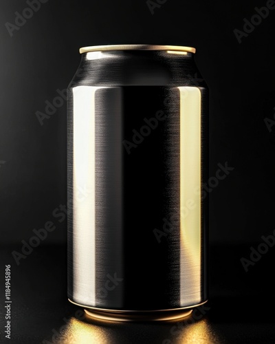 A sleek metal can with soft lighting showcasing its reflective surface against a dark backdrop. photo