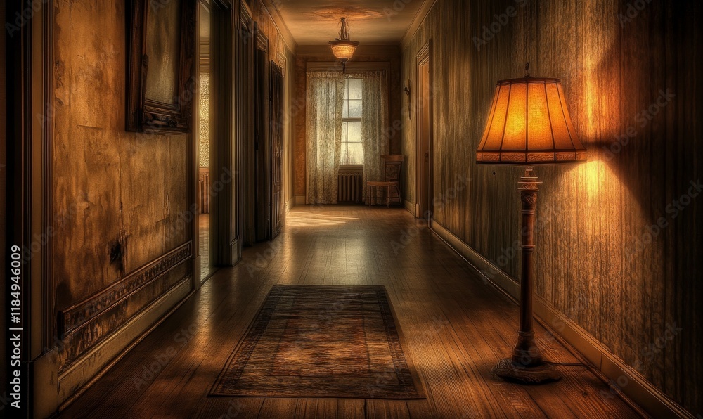 The hallway is long and empty, with a floor lamp providing a warm glow. The atmosphere is moody and vintage. The hallway is long and empty, with a floor lamp providing a warm glow. The atmosphere is moody and vintage.