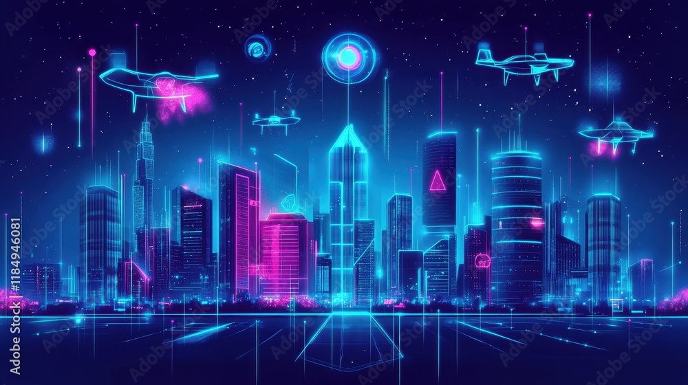 Neon Cityscape with Futuristic Drones Flying Overhead Neon Cityscape with Futuristic Drones Flying Overhead