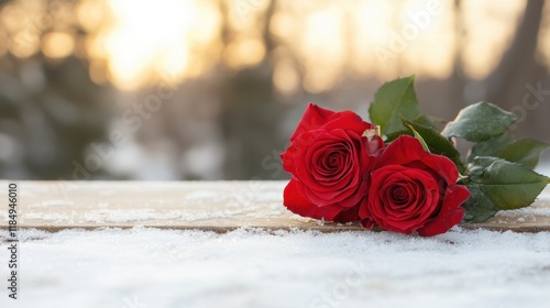 Wallpaper Mural Two red roses sitting on top of a wooden table covered in snow Torontodigital.ca