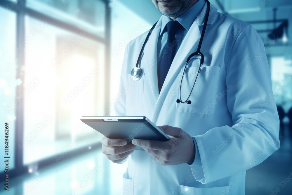 Doctor wearing lab coat and stethoscope using digital tablet in hospital corridor Doctor wearing lab coat and stethoscope using digital tablet in hospital corridor