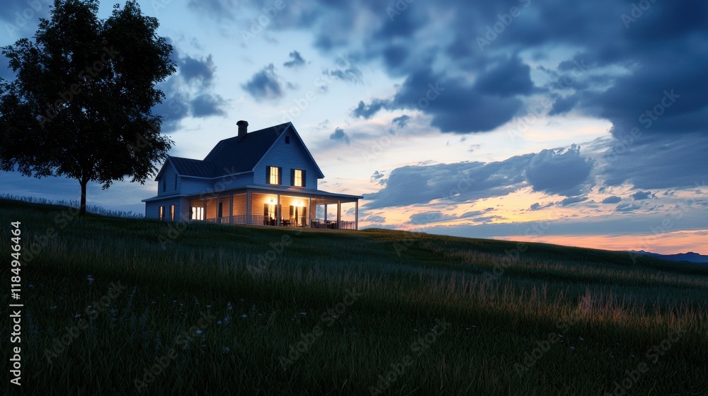 A large house with a porch sits on a hillside A large house with a porch sits on a hillside