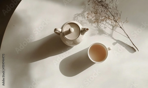 beautiful porcelain set with poured tea and a teapot next to it on the table, top view in a minimalistic style photo