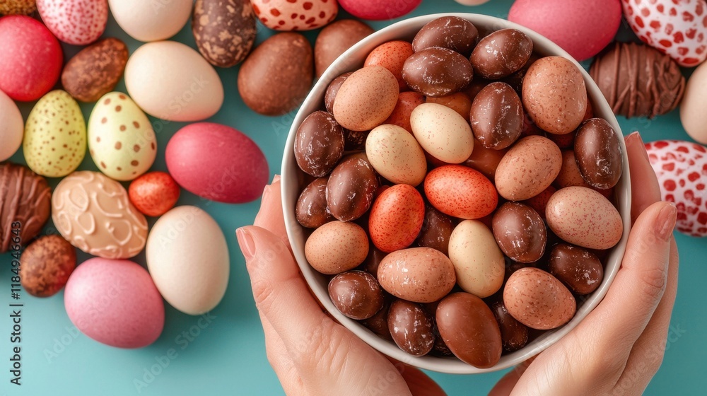 A person holding a bowl of chocolate easter eggs A person holding a bowl of chocolate easter eggs