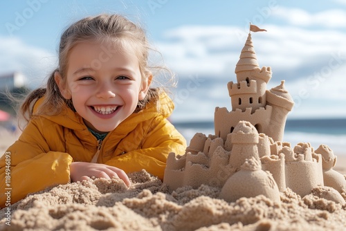 Child posing proudly next to sandcastle creation at the beach outdoor photography joyful atmosphere photo