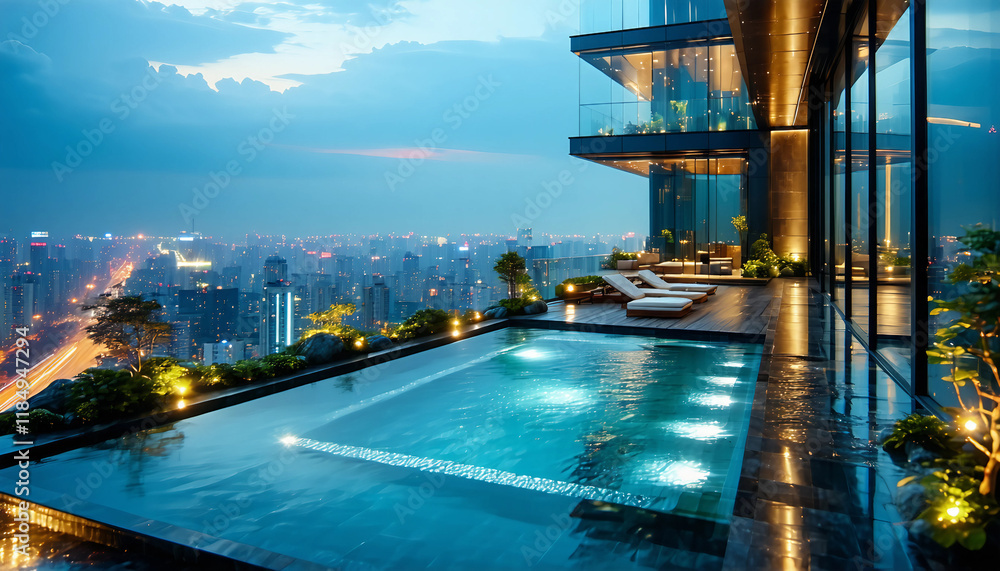 Fototapeta premium A towering penthouse residence with a private rooftop garden, reflective glass panels, and an infini