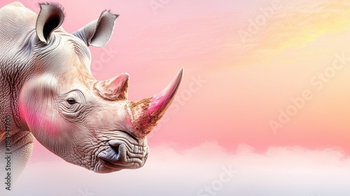 A white rhino standing in front of a pink and yellow sky photo