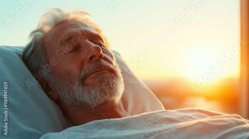 An elderly man sleeps peacefully in a hospital bed, with a serene expression on his face, as the warm glow of sunset casts a soothing light across the room. photo