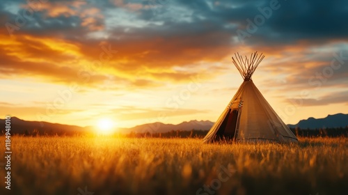 A charming tipi is illuminated by a golden sunset, emblematic of nature's beauty and the warmth of shared experiences, encapsulating traditional craftsmanship in a serene setting.