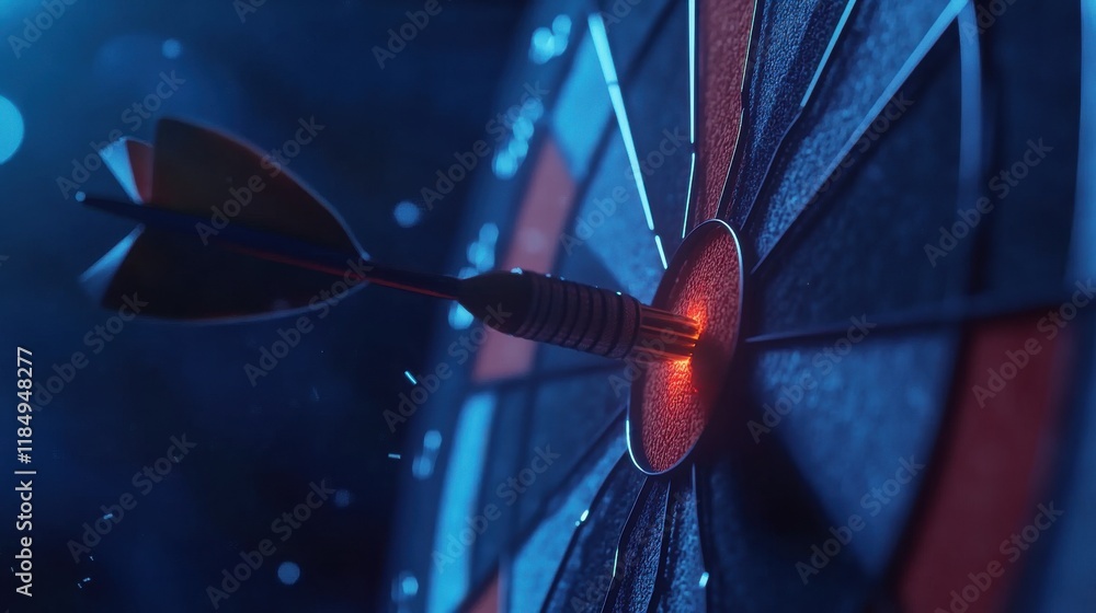 A close-up of a dart striking the bullseye on a dartboard, illuminated with blue lighting. A close-up of a dart striking the bullseye on a dartboard, illuminated with blue lighting.
