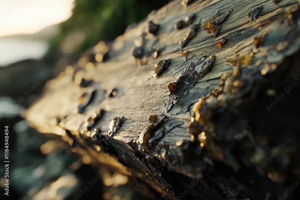 Sunlit weathered wood plank covered in barnacles and seaweed near the ocean. Sunlit weathered wood plank covered in barnacles and seaweed near the ocean.
