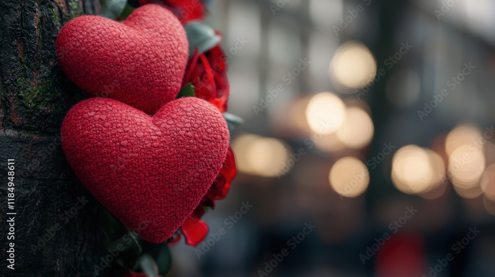 Two red hearts hanging from a tree with red roses Two red hearts hanging from a tree with red roses