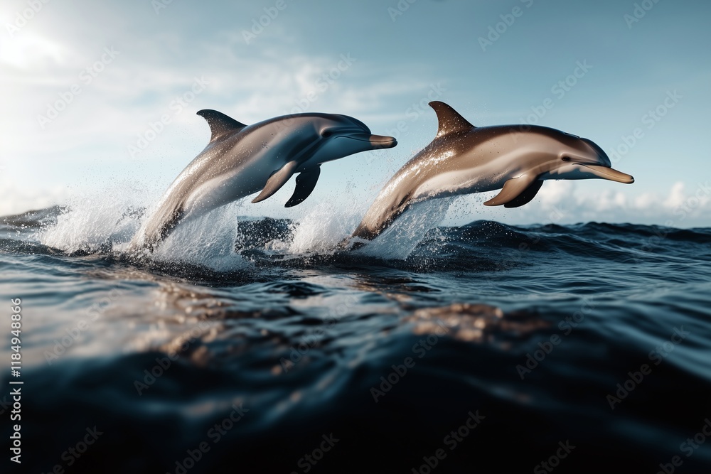 Obraz premium Dolphins jumping through waves ocean wildlife photography seaside aerial view aquatic playfulness