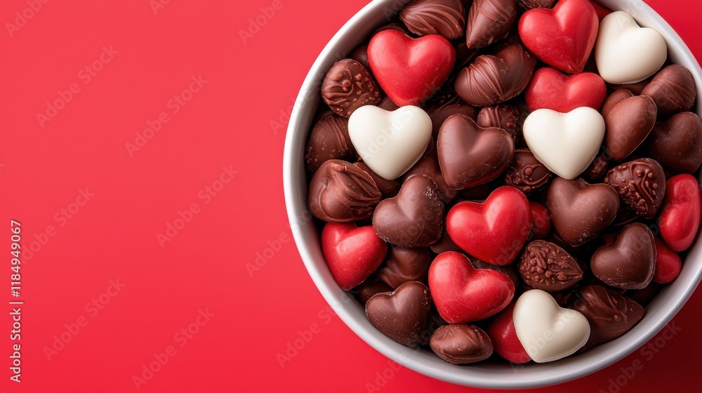 A bowl of chocolates with hearts on a red background A bowl of chocolates with hearts on a red background