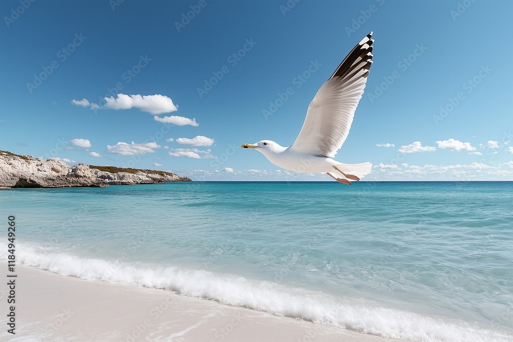 Seagull gliding over turquoise ocean coastal view nature photography serene environment Seagull gliding over turquoise ocean coastal view nature photography serene environment