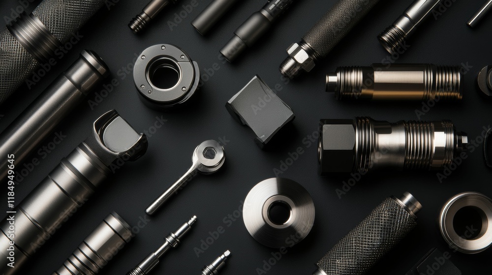 Metallic parts, tools, and components arranged on dark surface. Metallic parts, tools, and components arranged on dark surface.